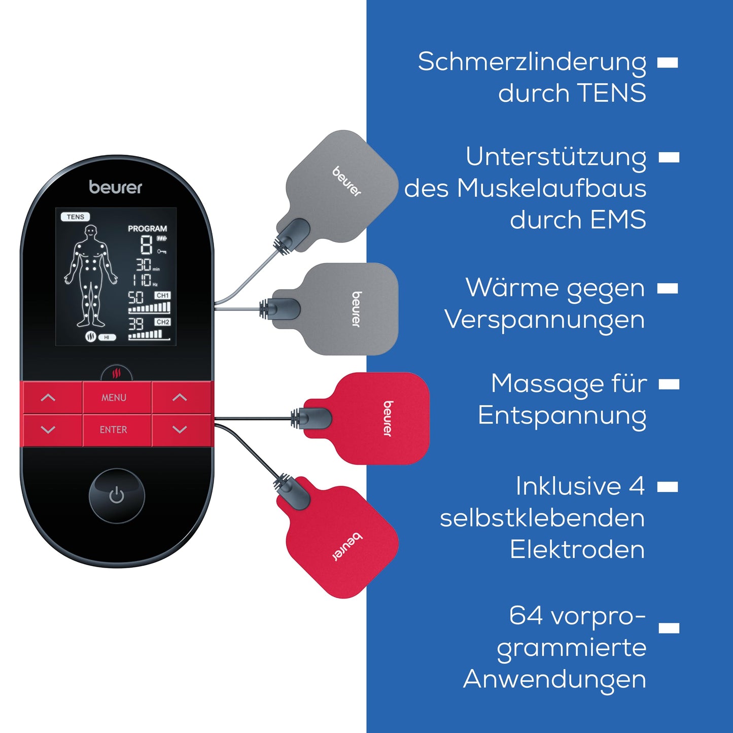 Beurer EM 89 Digital TENS/EMS Gerät mit Wärmefunktion, 4-in-1 Funktion zur Schmerztherapie, Muskelstimulation, Massage und Wärmetherapie, 4 getrennt regelbare Kanäle, 8 Elektroden & Akku