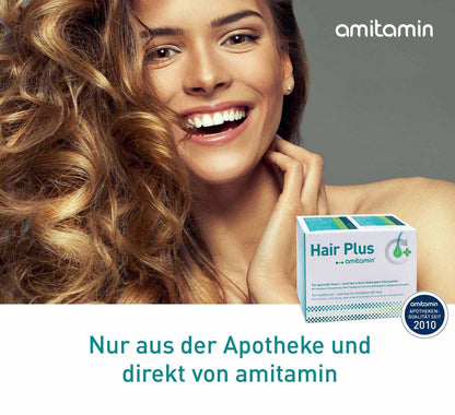 amitamin© Hair Plus Haar Vitamine | 60 Komplex Kapseln hochdosiert | Zink, Kupfer, Biotin, Selen, Folsäure plus 16 wichtige Nährstoffe | auch gegen erblichen Haarausfall | vegan | deutsche Herstellung