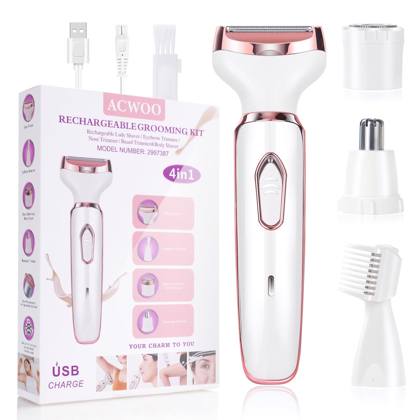 ACWOO Electric Shaver for Women, 4-in-1 Electric Women's Razor, Painless Intimate Shaver for Women, Hair Trimmer for Face, Nose, Armpits, Intimate Area, Bikini Area, USB Charging