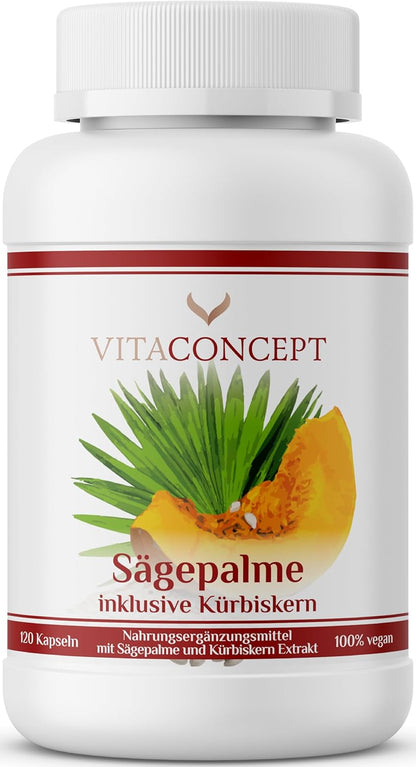 Vitaconcept | Sägepalme und Kürbiskern (5% Phytosterole) | 500 mg pro Kapsel | 120 hochdosierte Kapseln | Sägepalmenextrakt + Kürbiskernextrakt | laborgeprüft
