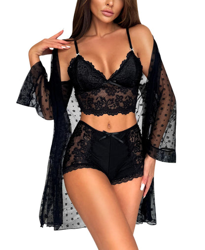 RSLOVE Sexy Lingerie Set for Women - Lace Underwear Dressing Gown with Bra and Panties