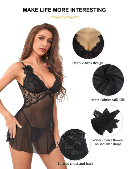 ohmydear Babydoll Lingerie for Women Large Sizes Negligee Women's Sexy Leopard Dress V-Neck Nightdress Women's Sexy Sleepwear with Briefs Soft Comfortable