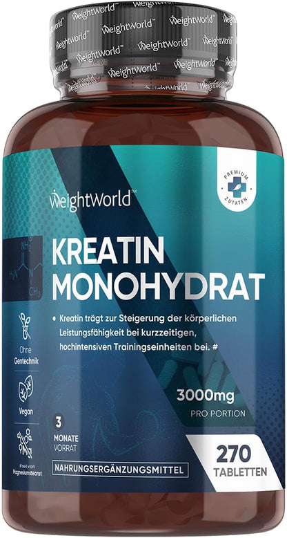 Creatin Monohydrat Tabletten - 3000mg pro Portion - 270 Kreatin Vegan Tablets - 3 Monate Vorrat - Creatine - Alternative zu Kapseln & Pulver - Frei von Gluten & Magnesiumstearat - WeightWorld