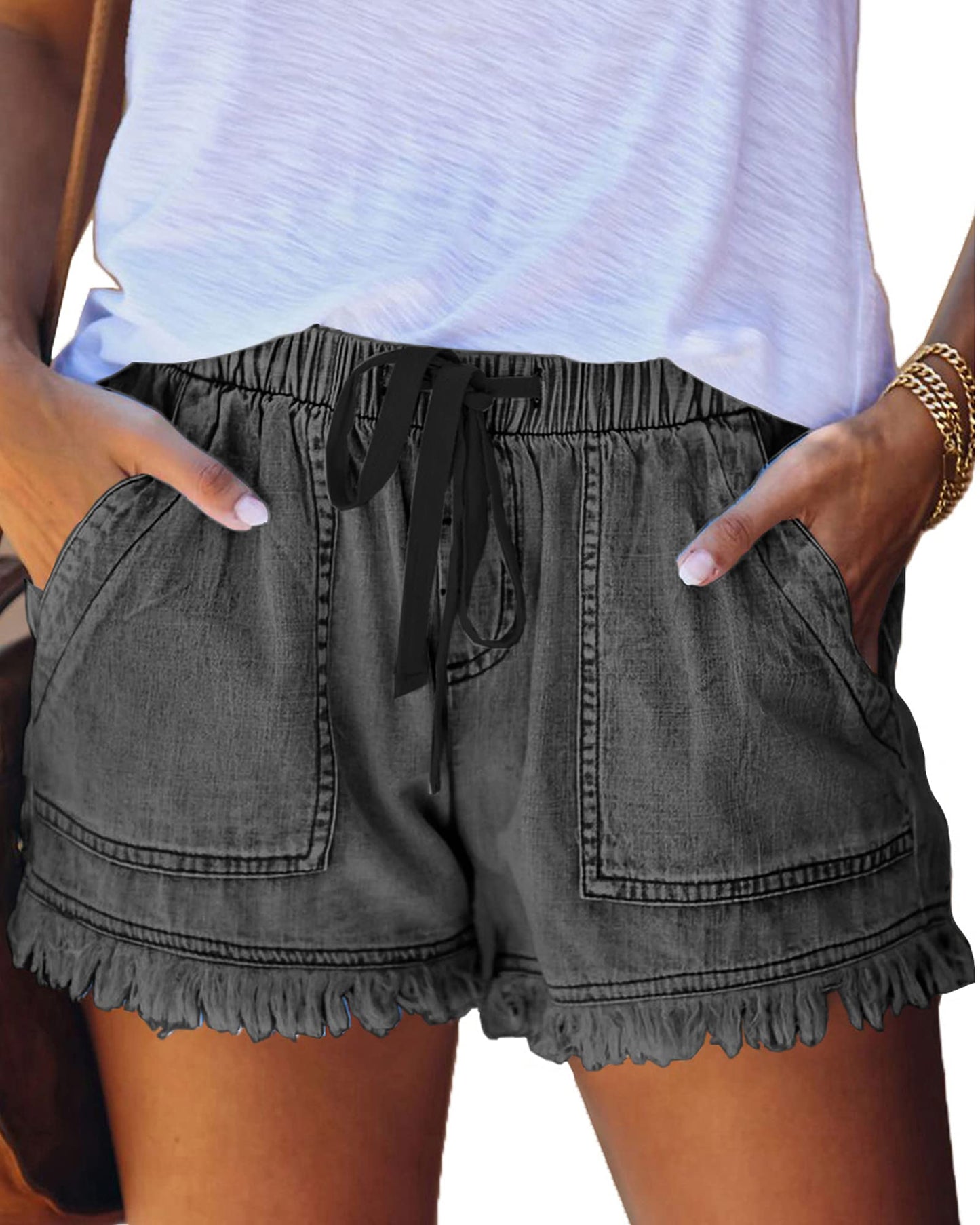 HVEPUO Women's Cotton Linen Shorts, Elastic Band Hot Trousers, Summer Wide Shorts