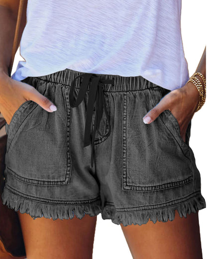 HVEPUO Women's Cotton Linen Shorts, Elastic Band Hot Trousers, Summer Wide Shorts