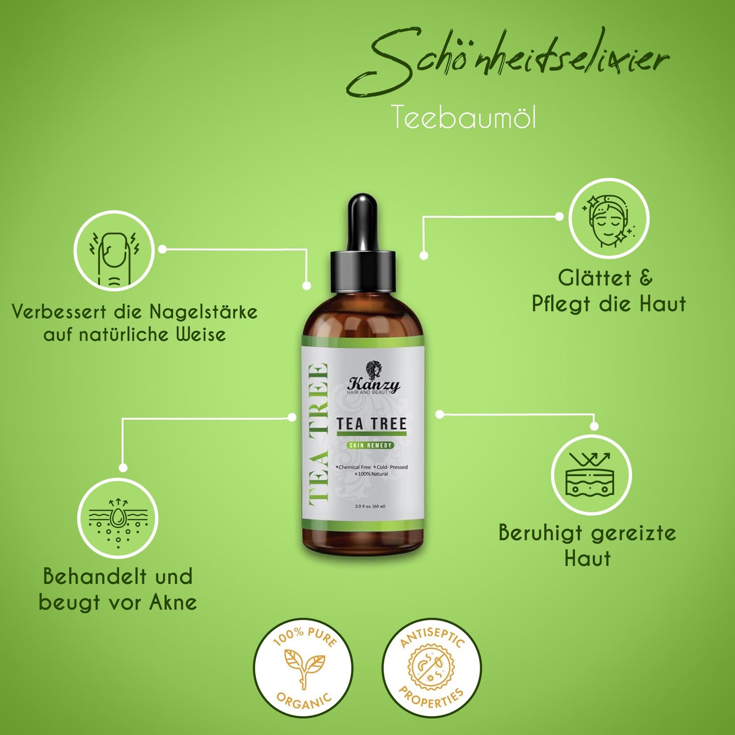 Kanzy Teebaumöl Bio Naturrein 60ml mit Pipette Kaltgepresst Tea Tree Oil für Gesicht (60ml)