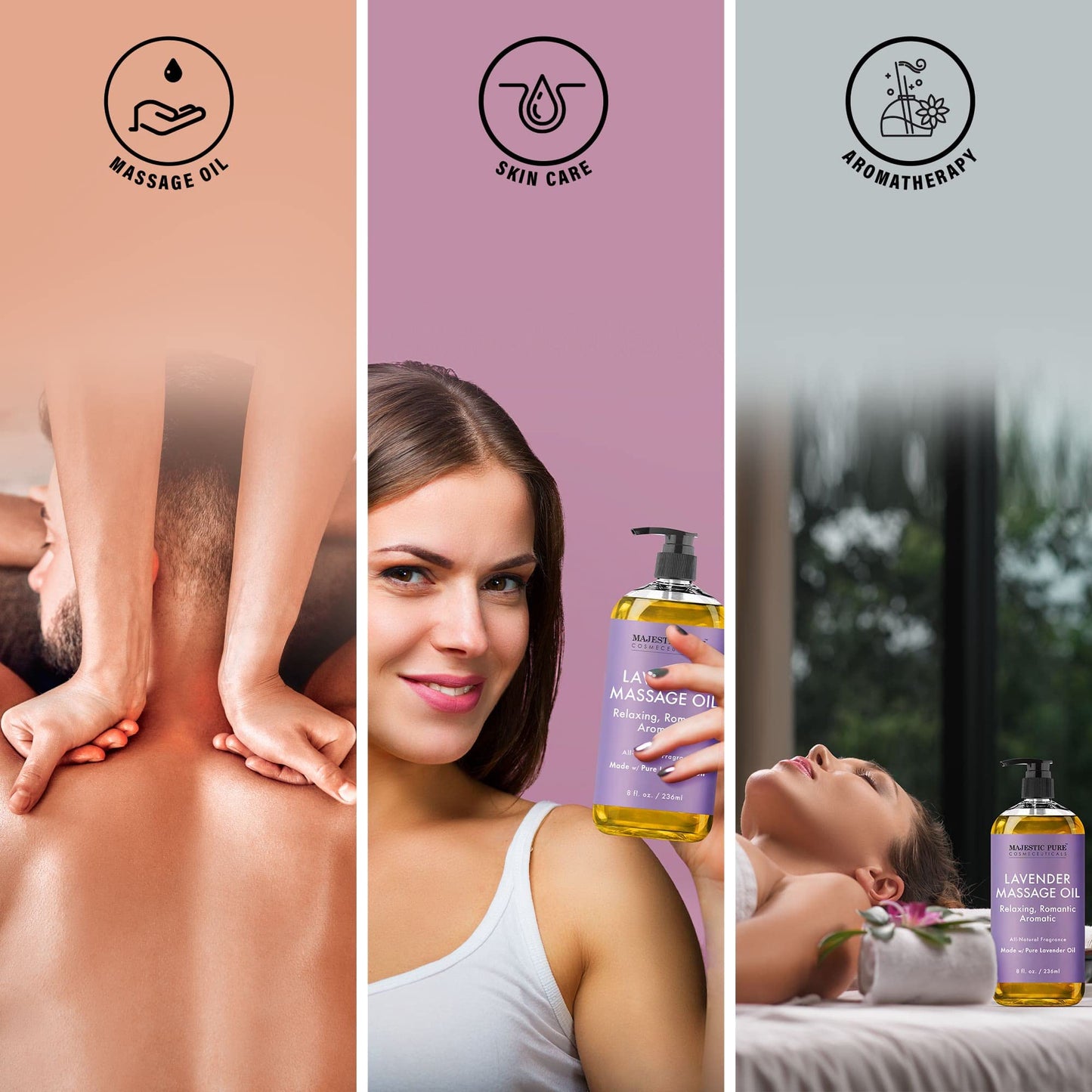 MAJESTIC PURE Lavender Massage Oil for Massage Therapy - Refreshing and Relaxing - Natural Oils with Lavender Essential Oil - For All Skin Types - Men and Women - 236ml