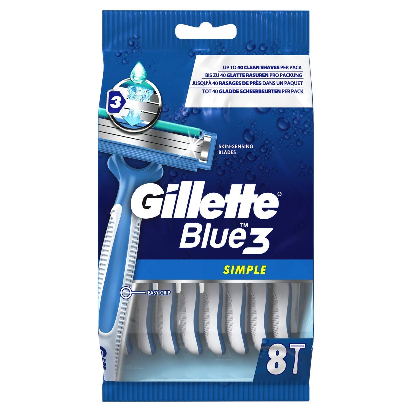 Gillette Blue3 Simple Men's Disposable Razor, 8 Razors with Triple Blade, Wet Razor with Fixed Blade Head, Moisture Strips