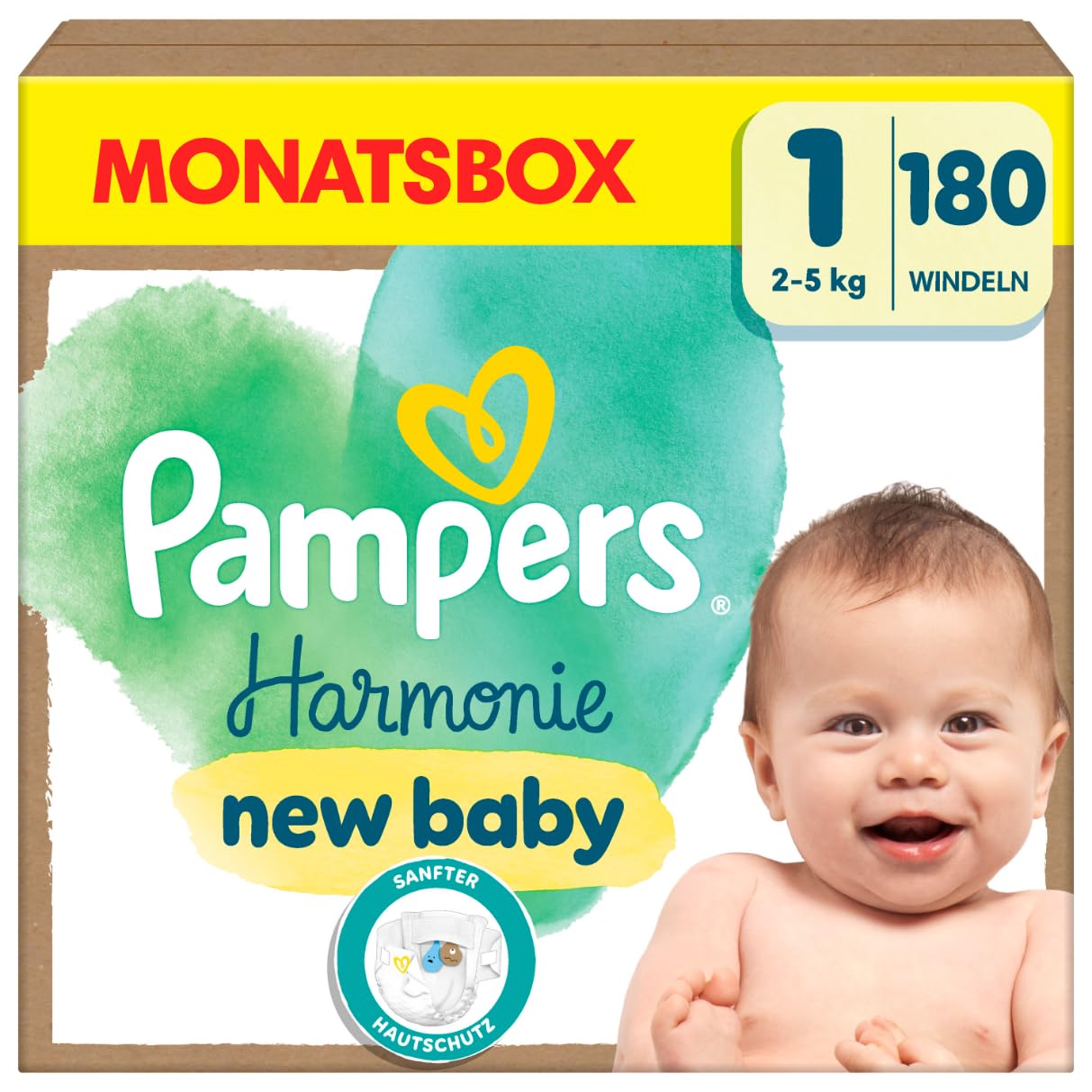 Pampers Harmonie Nappies Size 1, 180 Nappies, 2 kg - 5 kg, Gentle Skin Protection with 100% Pampers Protection