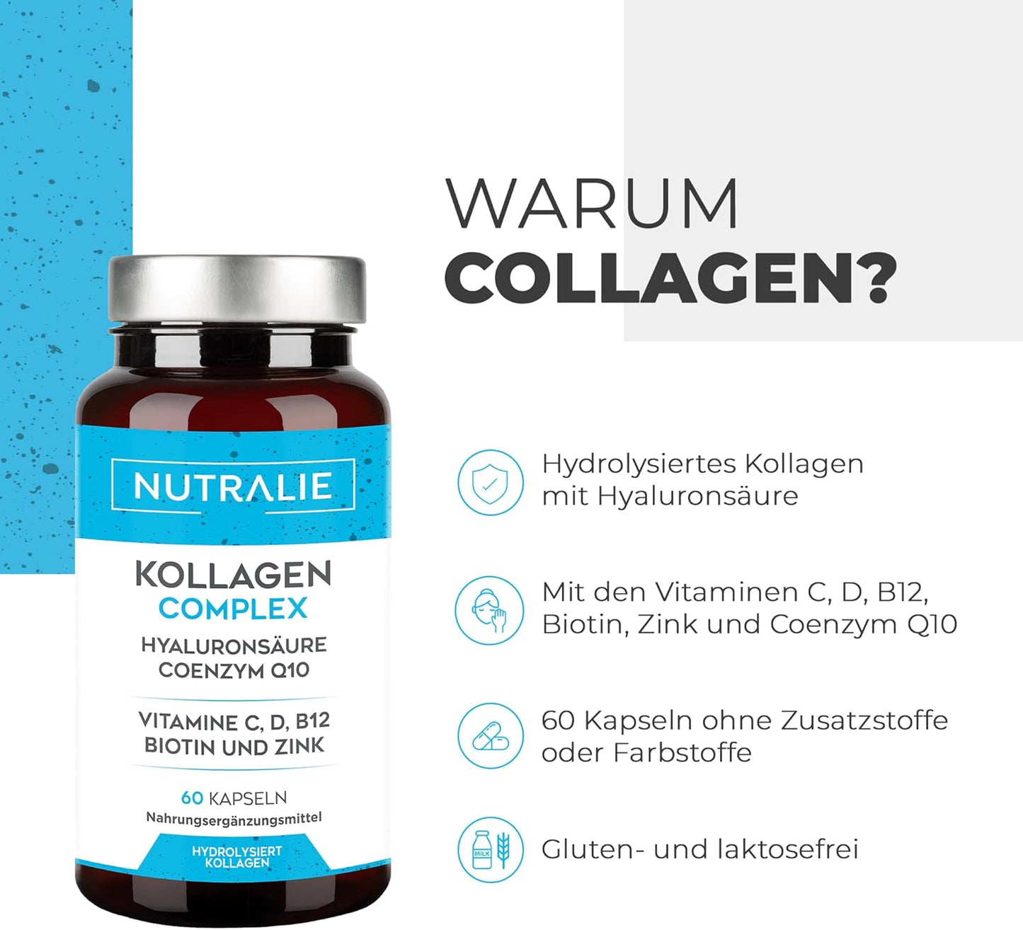 Kollagen Kapseln Komplex + Q10 Hyaluron - Hochdosiert - Gelenke Haut - Biotin Vit C D B12 Zink - Collagen Hydrolysat in 60 Kapseln - Nutralie