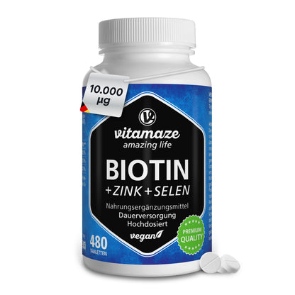 Biotin High Dose with Selenium and Zinc for Hair Growth, Skin and Nails, 365 Vegan Tablets for 1 Year, Biotin High Dose 10,000 mcg, Made in Germany