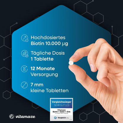 Biotin High Dose with Selenium and Zinc for Hair Growth, Skin and Nails, 365 Vegan Tablets for 1 Year, Biotin High Dose 10,000 mcg, Made in Germany