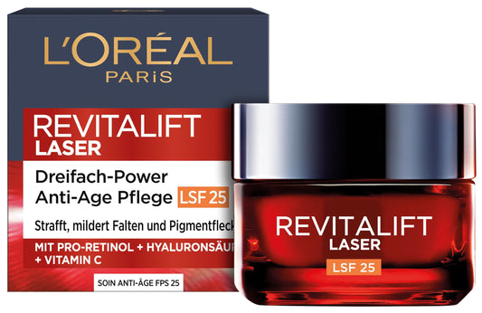 L'Oréal Paris Anti-Ageing Day Cream with Triple Power for Women, with Pro-Retinol, Hyaluronic Acid and Vitamin C - Against Wrinkles, Firming Moisturiser, Revitalift Laser 1 x 50 ml