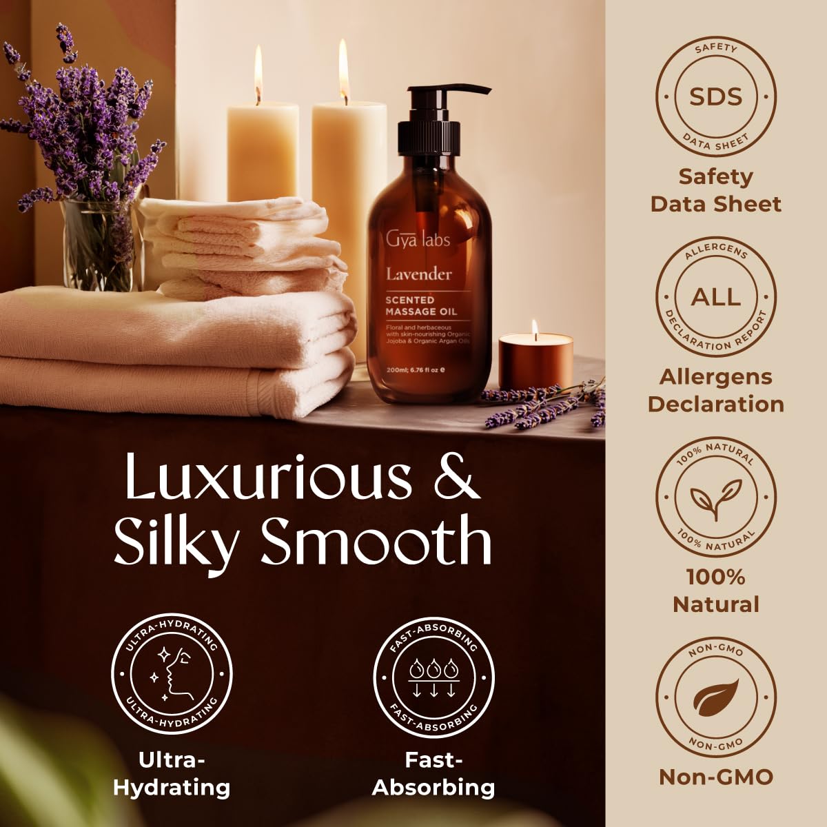 Gya Labs Lavendel Massageöle - 100% Reines Natürliches Aromatherapie Massageöl zur Körperentspannung für Männer und Frauen - Hergestellt mit Jojoba, Argan und Lavendel