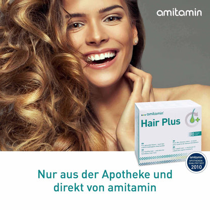 amitamin© Hair Plus Haar Vitamine | 60 Komplex Kapseln hochdosiert | Zink, Kupfer, Biotin, Selen, Folsäure plus 16 wichtige Nährstoffe | auch gegen erblichen Haarausfall | vegan | deutsche Herstellung