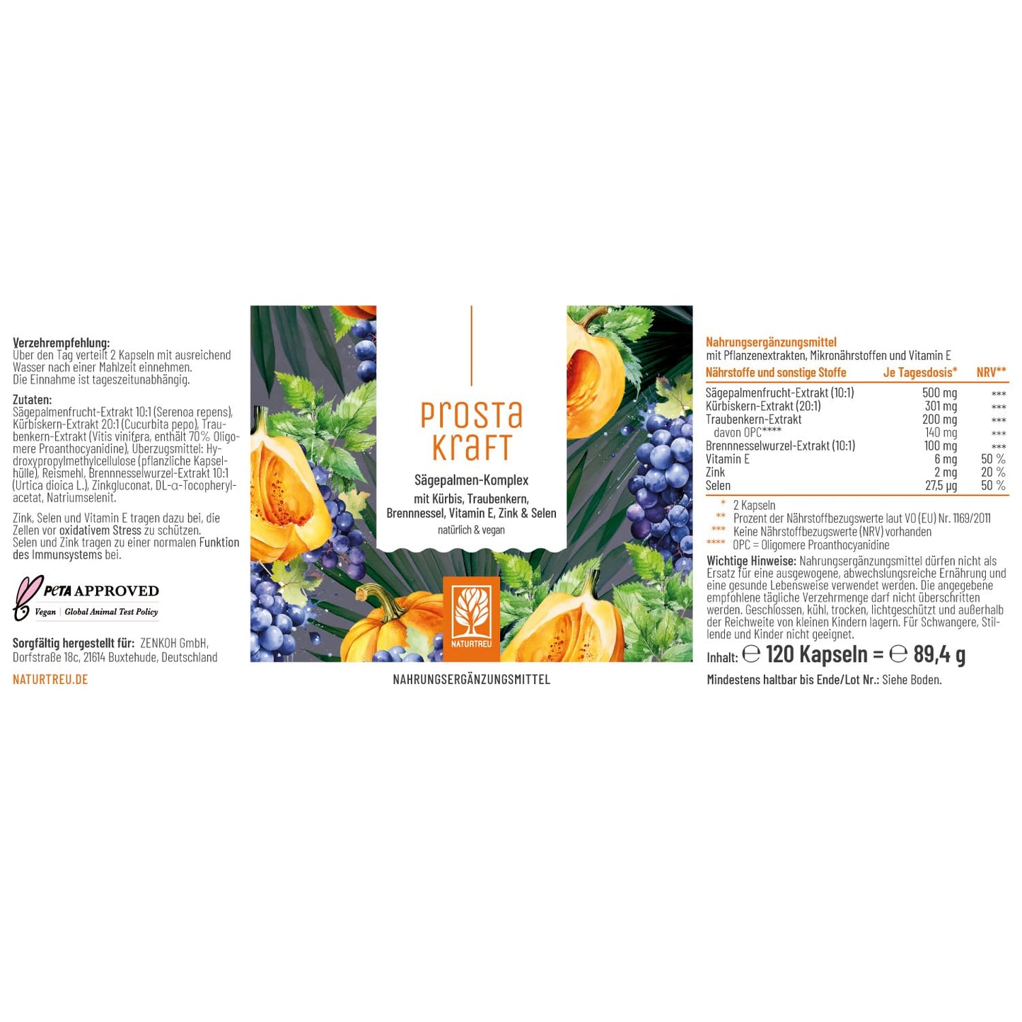 NATURTREU® Prostakraft - 120 vegane Kapseln hochdosiert mit Sägepalmenextrakt (500 mg), Brennnessel, Kürbiskern mit Vitamin E, Zink, Selen - 2 Monatsvorrat