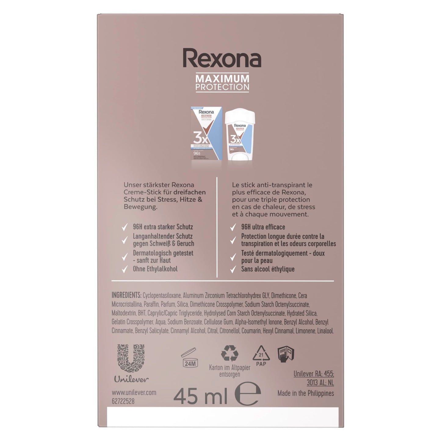 Rexona Maximum Protection Women’s Travel Deodorant Cream, Clean Scent, 45 ml