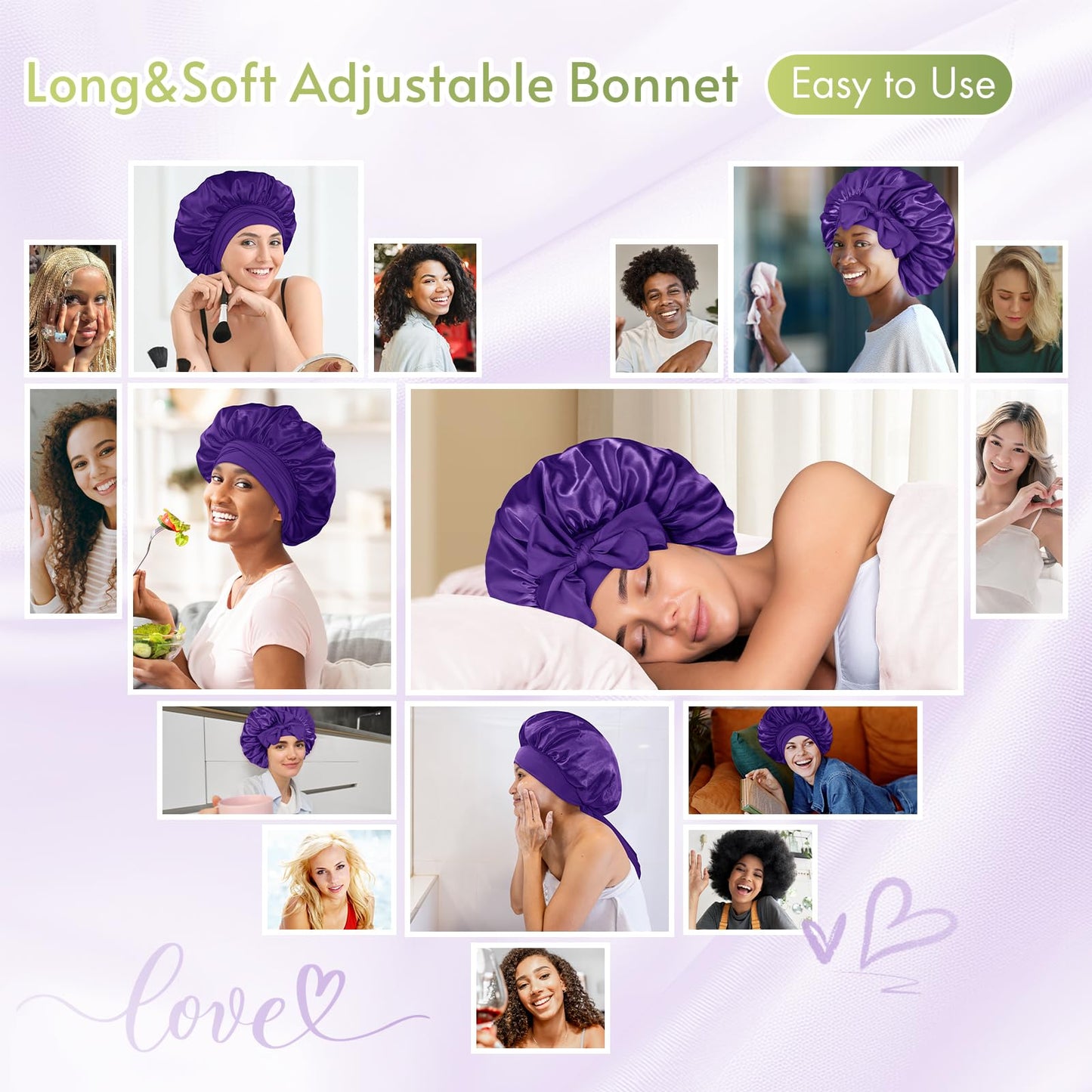 BONNET QUEEN Satin Silk Sleep Cap, Adjustable Women’s/Men’s Bonnet, Night Hair Care Protection Head Cap for Curly, Long Hair, Smooth, Breathable (M, Black)