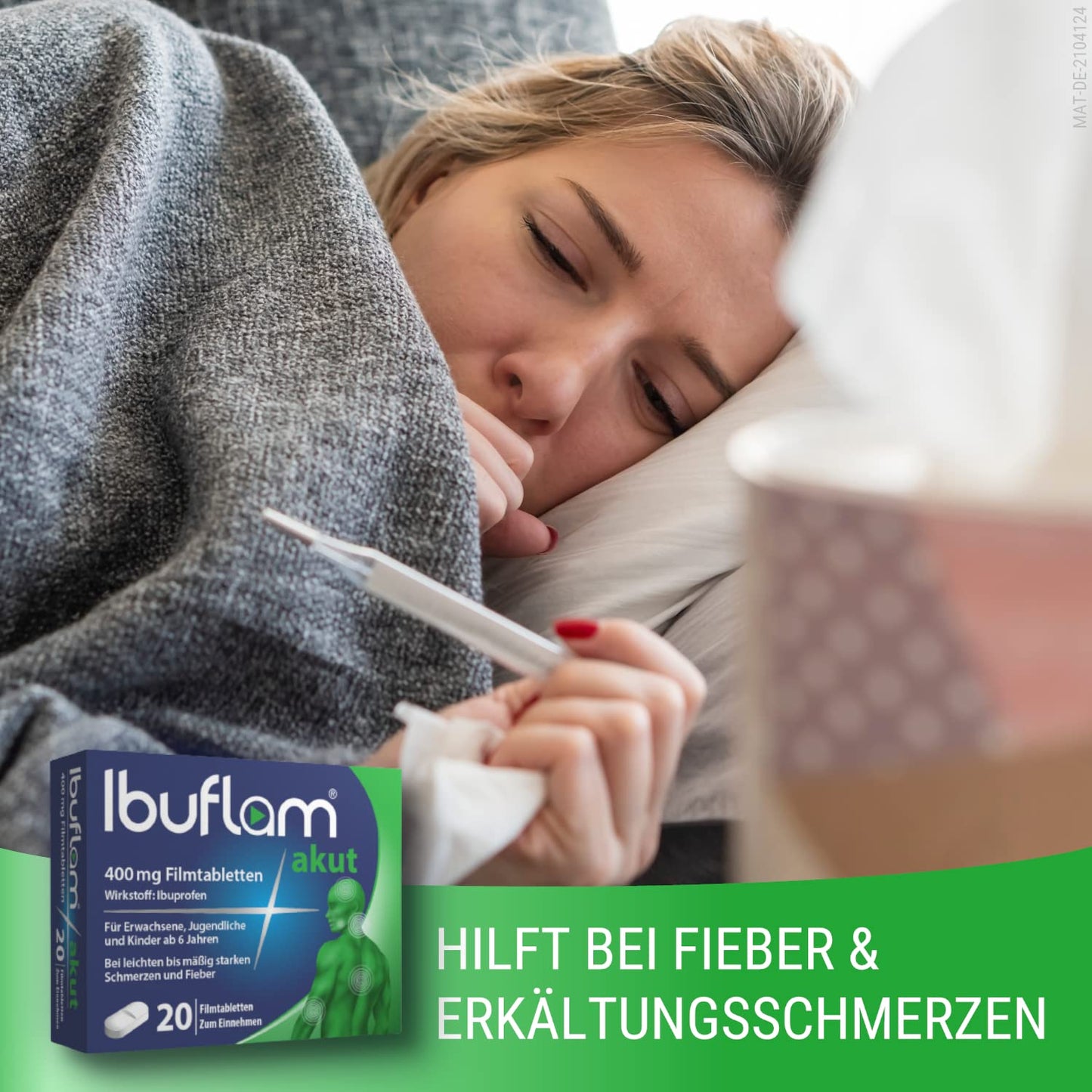 Ibuflam® Akut 400 mg IBUPROFEN Film-Coated Tablets, Double Pack 2 x 50 Pieces, Ibu 400 Pain Tablets for Pain, Toothache, Fever and Cold, Quick Pain Relief with Ibuprofen