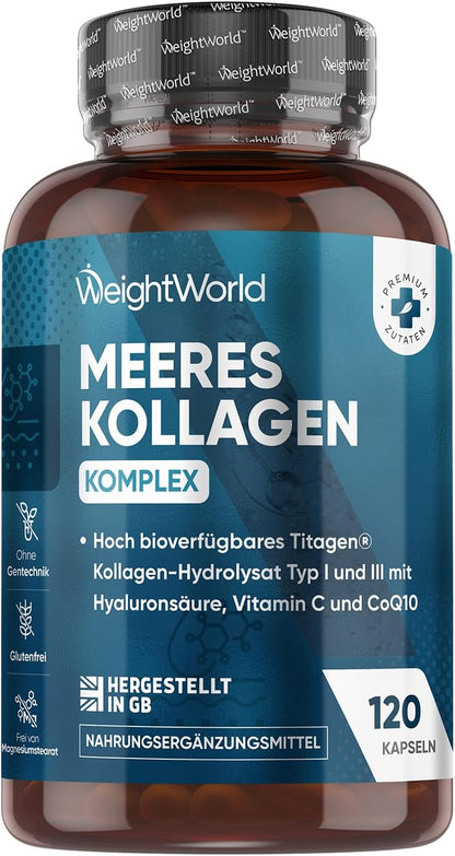 WeightWorld Collagen Complex Capsules with Hyaluronic Acid, Vitamin C, CoQ10 and Zinc, 1200 mg, Hydrolised Marine Collagen, 120 Capsules, for Skin, Hair, Bones, Joints, Laboratory Tested