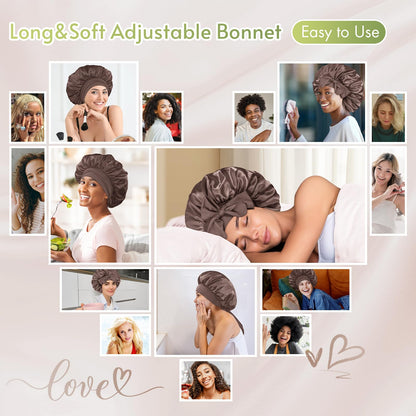 BONNET QUEEN Satin Silk Sleep Cap, Adjustable Women’s/Men’s Bonnet, Night Hair Care Protection Head Cap for Curly, Long Hair, Smooth, Breathable (M, Black)