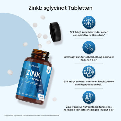 Zink Bisglycinat - 400 Tabletten mit Zinc - Vegan & 1+ Jahr Vorrat - Zink trägt zur Aufrechterhaltung eines normalen Testosteronspiegels im Blut bei (EFSA) - WeightWorld