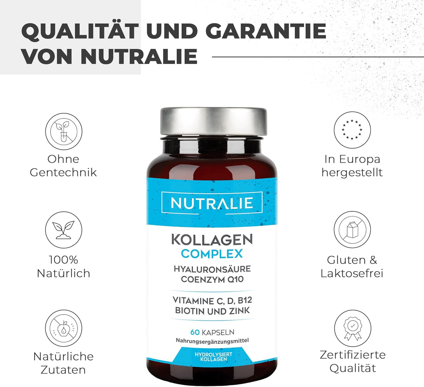 Kollagen Kapseln Komplex + Q10 Hyaluron - Hochdosiert - Gelenke Haut - Biotin Vit C D B12 Zink - Collagen Hydrolysat in 60 Kapseln - Nutralie