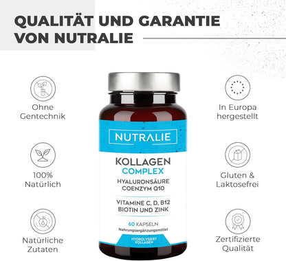 Kollagen Kapseln Komplex + Q10 Hyaluron - Hochdosiert - Gelenke Haut - Biotin Vit C D B12 Zink - Collagen Hydrolysat in 60 Kapseln - Nutralie