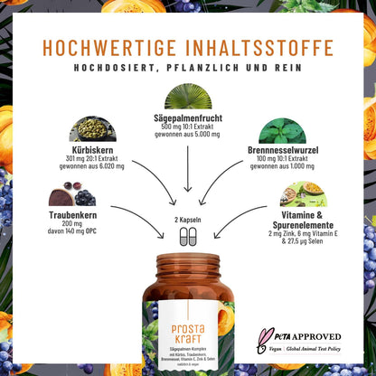 NATURTREU® Prostakraft - 120 vegane Kapseln hochdosiert mit Sägepalmenextrakt (500 mg), Brennnessel, Kürbiskern mit Vitamin E, Zink, Selen - 2 Monatsvorrat