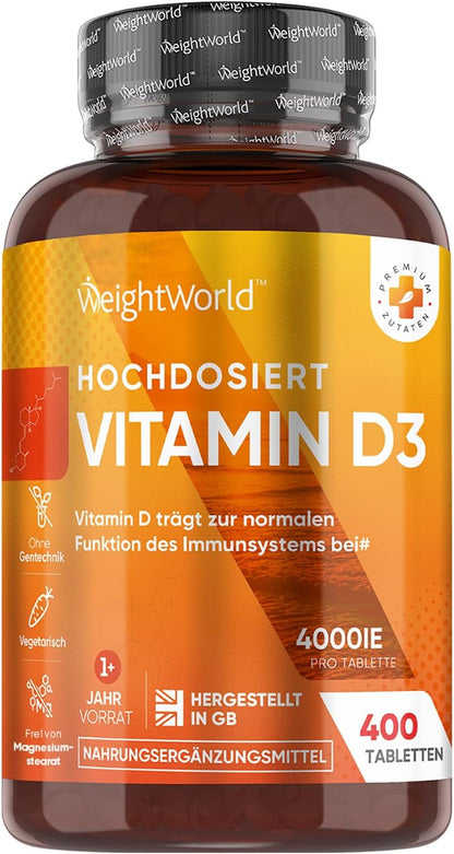 Vitamin D3 4000 IE - 400 Tabletten (1 Tablette alle 4 Tage) - Sonnenvitamin - Frei von Magnesiumstearat, Ohne Gentechnik, Vegatarisch - Cholecalciferol Vitamin D von WeightWorld