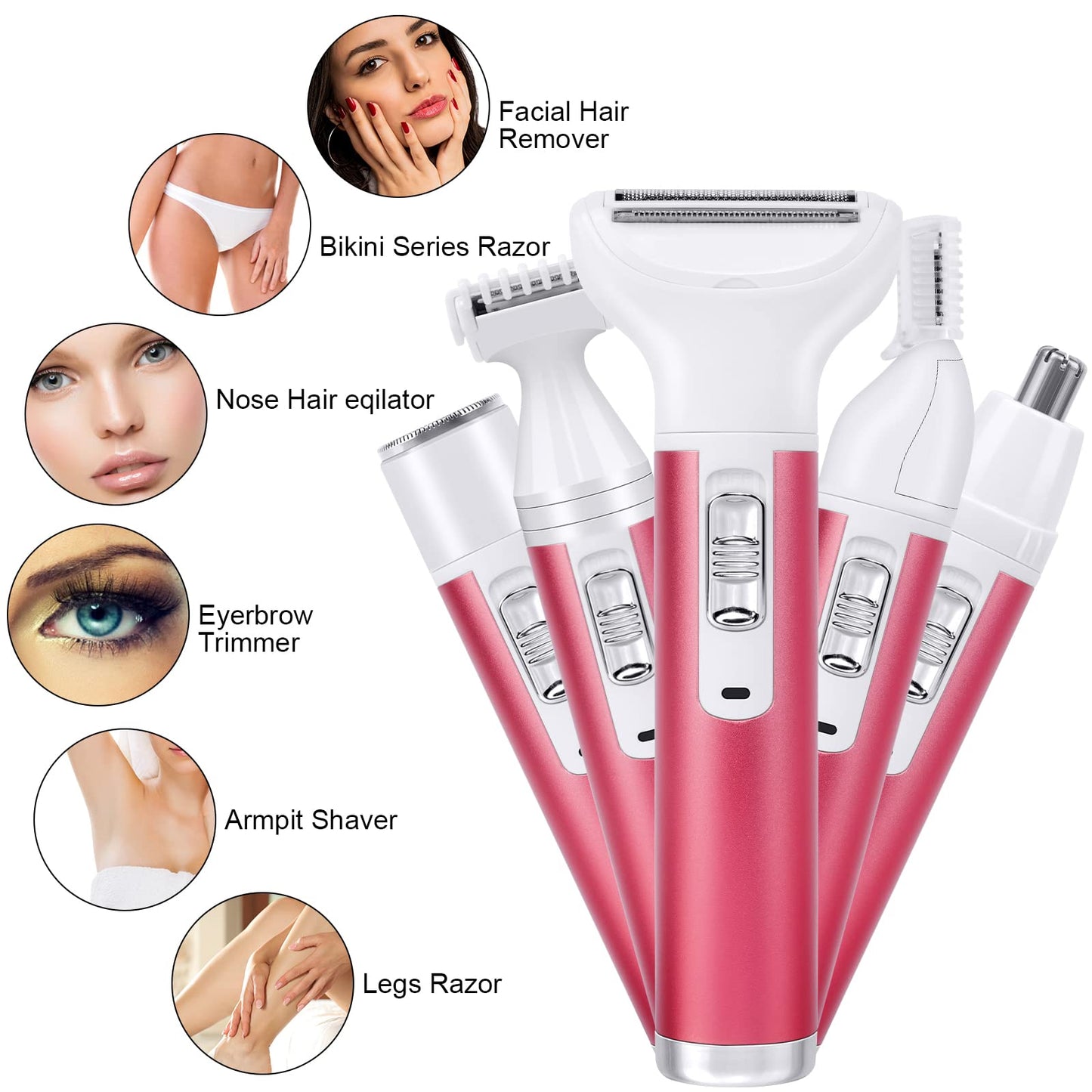 ACWOO Electric Shaver for Women, 4-in-1 Electric Women's Razor, Painless Intimate Shaver for Women, Hair Trimmer for Face, Nose, Armpits, Intimate Area, Bikini Area, USB Charging