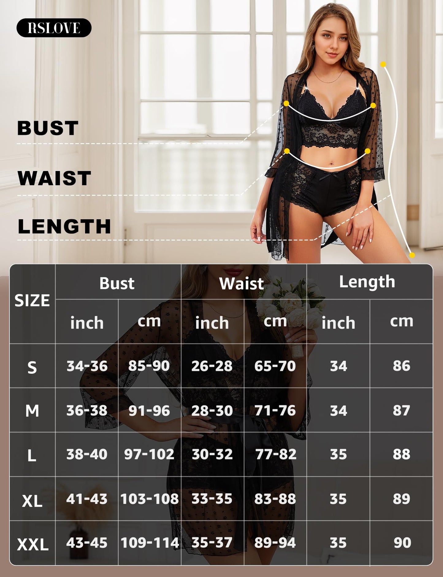 RSLOVE Sexy Lingerie Set for Women - Lace Underwear Dressing Gown with Bra and Panties