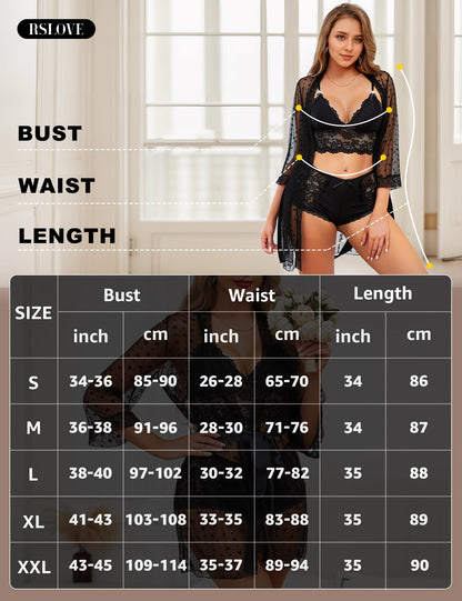 RSLOVE Sexy Lingerie Set for Women - Lace Underwear Dressing Gown with Bra and Panties