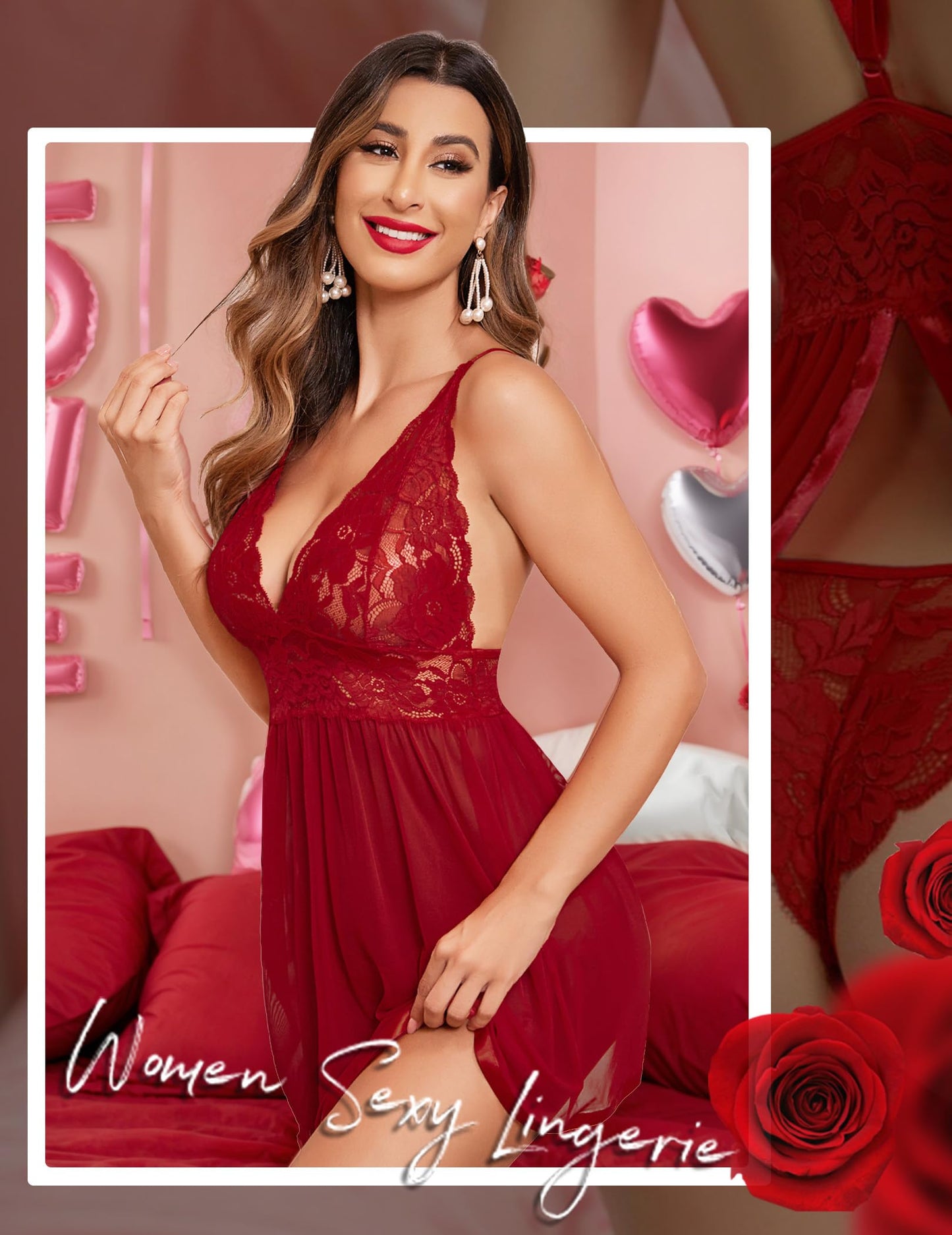 ADOME Lace Negligee V-Neck Babydoll Lingerie Open Back Sleepwear Dress Lingerie Underwear for Women with Panties