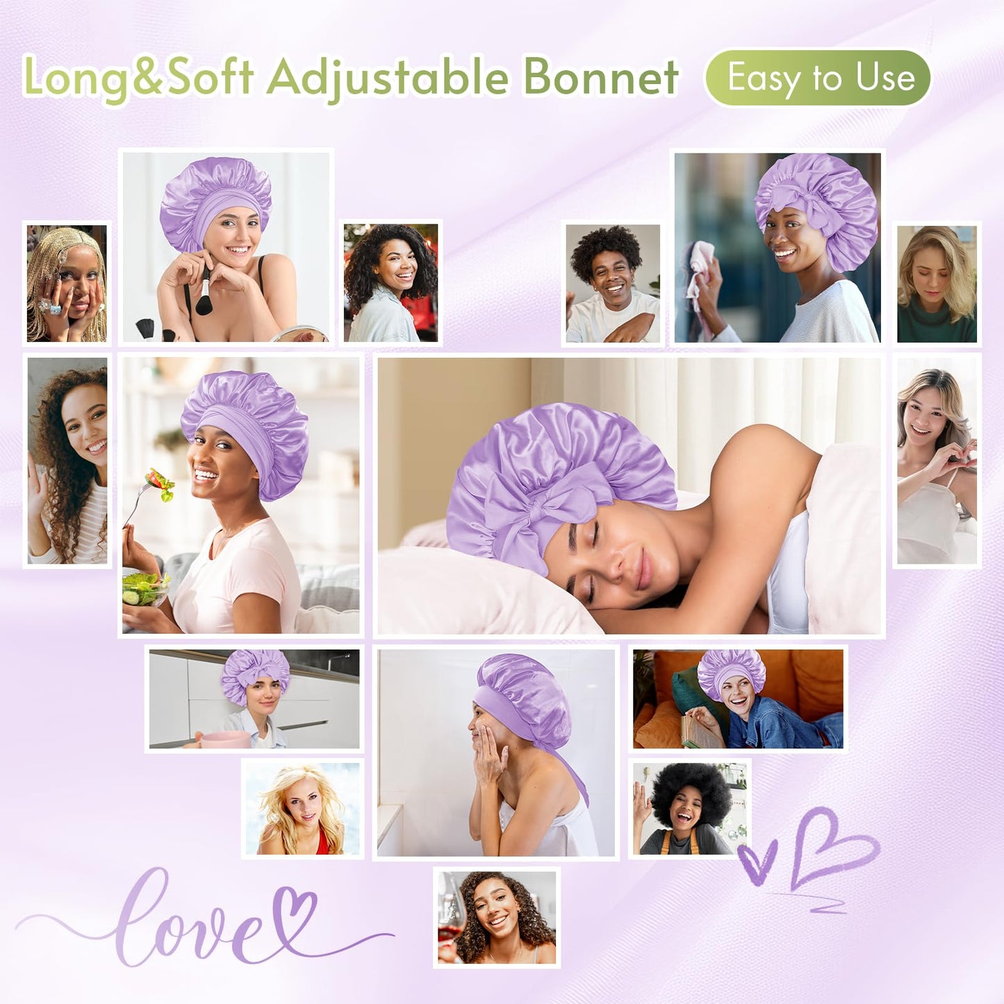 BONNET QUEEN Satin Silk Sleep Cap, Adjustable Women’s/Men’s Bonnet, Night Hair Care Protection Head Cap for Curly, Long Hair, Smooth, Breathable (M, Black)