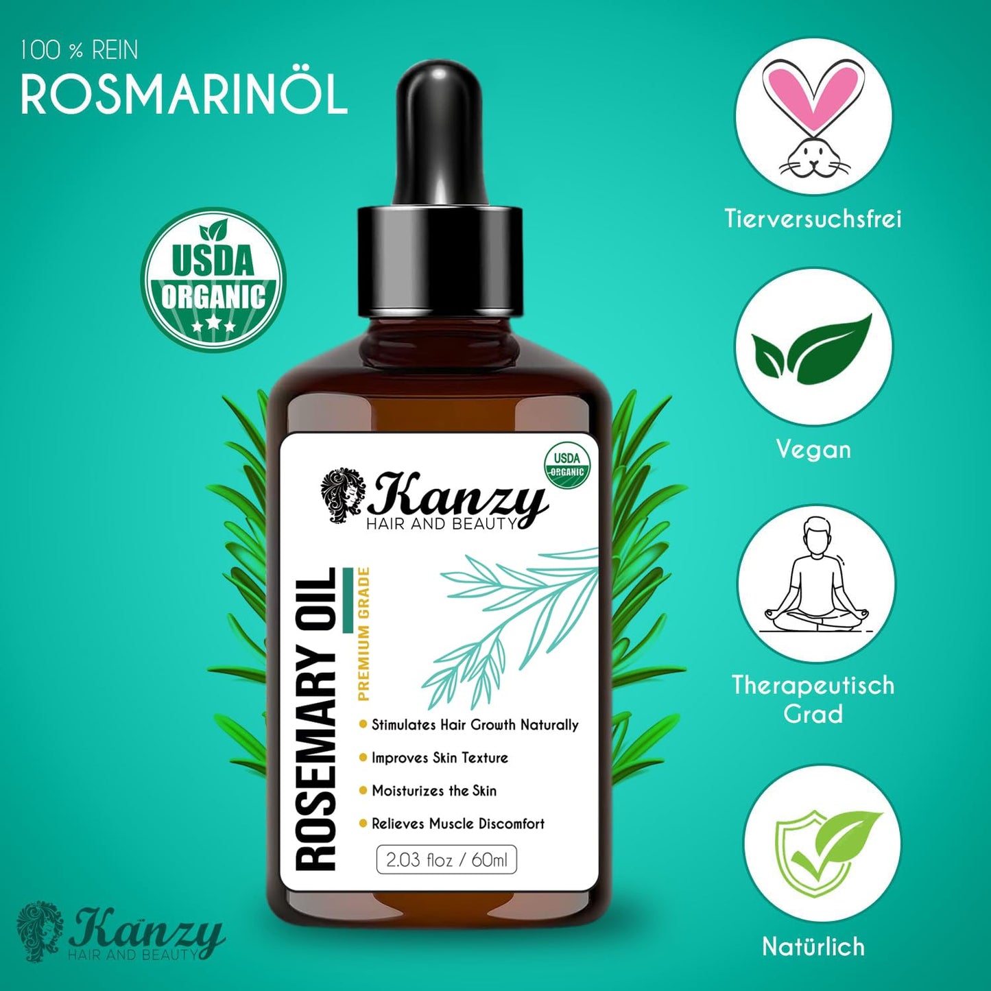 Kanzy Teebaumöl Bio Naturrein 60ml mit Pipette Kaltgepresst Tea Tree Oil für Gesicht (60ml)