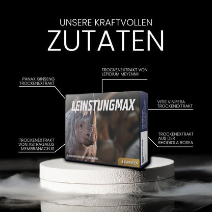 LEINSTUNGMAX Extra starke Stärkungskapseln für aktive Männer. 4 Kapseln hochdosierter reiner Ginseng-Extrakt zur sofortigen Unterstützung leidenschaftlicher Momente des Mannes | 100% natürlich