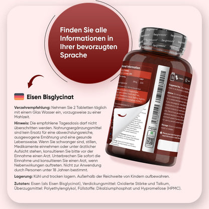Eisen 400 Tabletten (6+ Monatsvorrat) - Eisenpräparate für Frauen & Männer - Eisen-Bisglycinat-Form - Nicht-GMO & Vegan