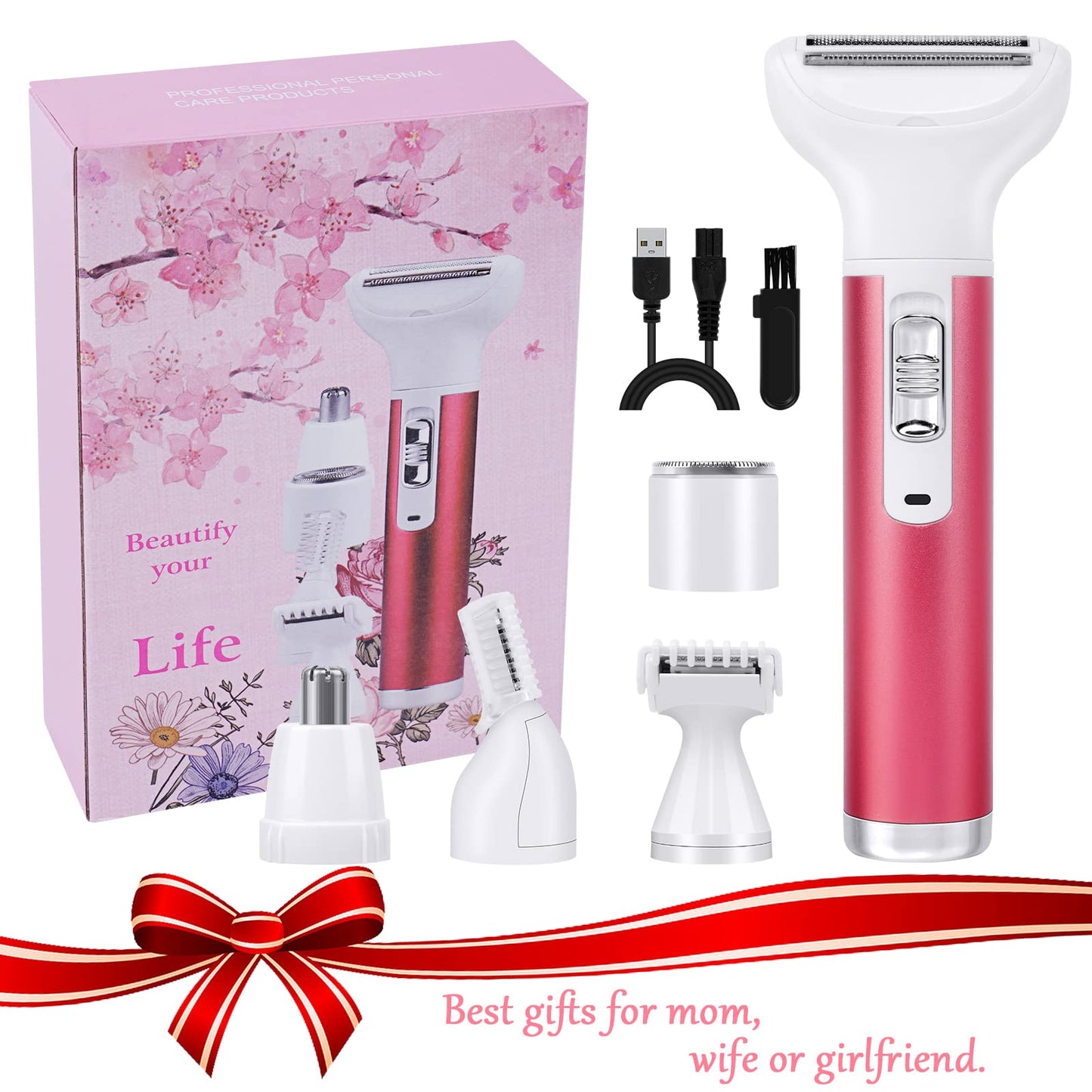 ACWOO Electric Shaver for Women, 4-in-1 Electric Women's Razor, Painless Intimate Shaver for Women, Hair Trimmer for Face, Nose, Armpits, Intimate Area, Bikini Area, USB Charging