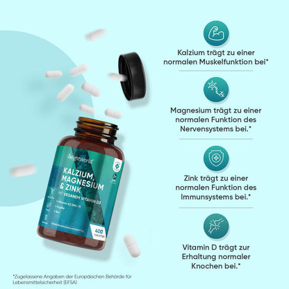 Calcium Magnesium Zinc - 400 Tablets 1+ Year - Magnesium, Vitamin D3, K2, Boron, Selenium, Copper - 500 mg Calcium - Vegan - 1 Tablet Per Day - Gluten Free - Alternative to Capsules - WeightWorld