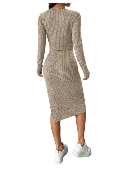 GORGLITTER Rib Knit Dress Women's Dress with Jacket Set Elegant Two Piece Cami Dress with Slit 2-Piece Dress