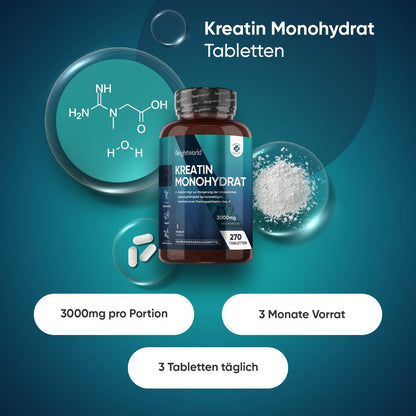 Creatin Monohydrat Tabletten - 3000mg pro Portion - 270 Kreatin Vegan Tablets - 3 Monate Vorrat - Creatine - Alternative zu Kapseln & Pulver - Frei von Gluten & Magnesiumstearat - WeightWorld