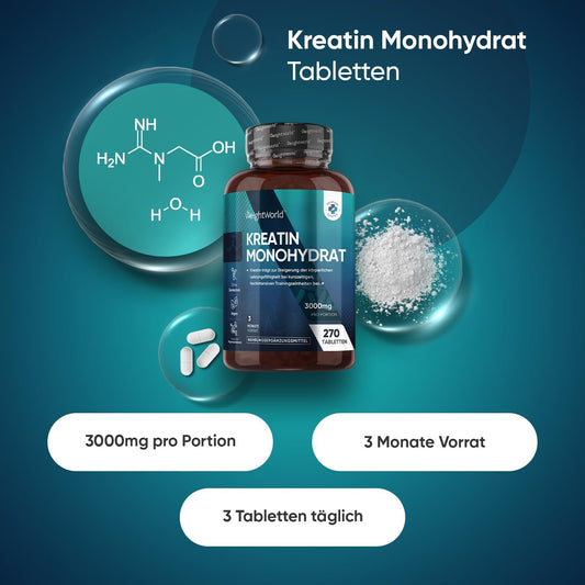 Creatin Monohydrat Tabletten - 3000mg pro Portion - 270 Kreatin Vegan Tablets - 3 Monate Vorrat - Creatine - Alternative zu Kapseln & Pulver - Frei von Gluten & Magnesiumstearat - WeightWorld