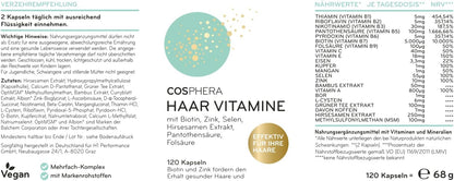 Cosphera Haar-Vitamine - Hochdosiert mit Biotin, Selen und Zink als Beitrag zum Erhalt normaler Haare. Plus Folsäure & Hirse Samen Extrakt (reich an Silizium) - 120 vegane Kapseln im 2 Monatsvorrat.