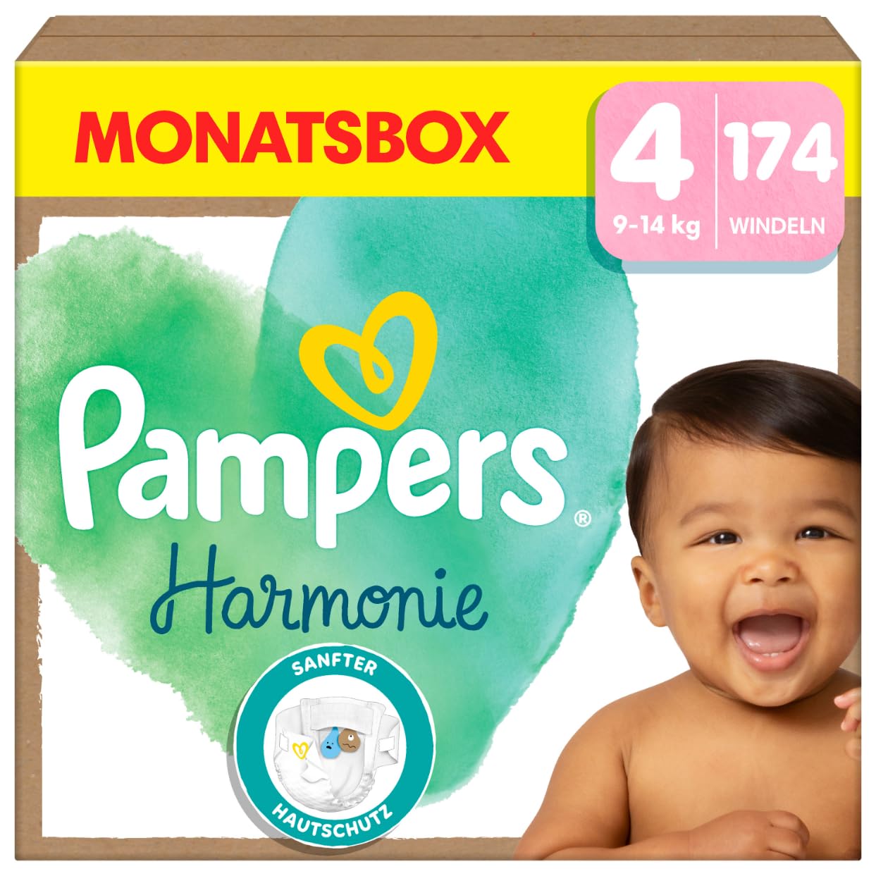 Pampers Harmonie Nappies Size 4, 174 Nappies, 9 kg - 14 kg, Gentle Skin Protection with 100% Pampers Protection
