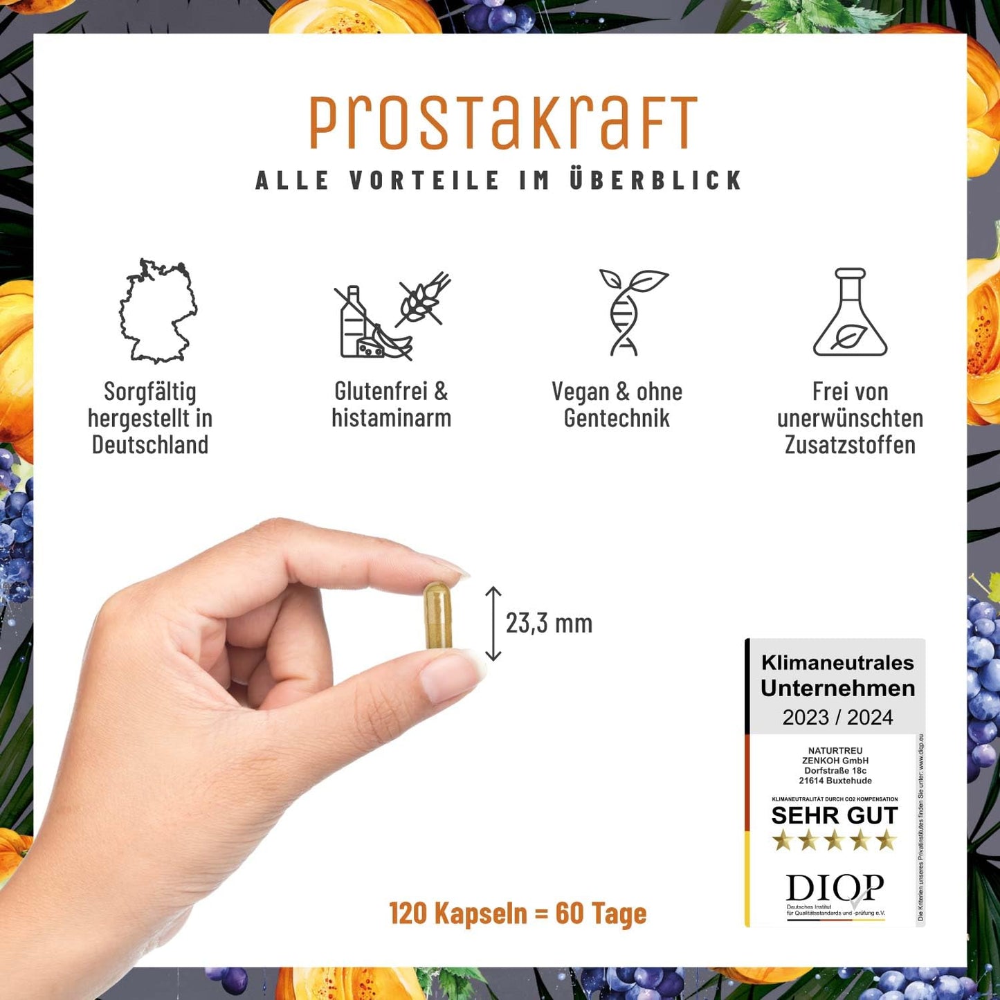 NATURTREU® Prostakraft - 120 vegane Kapseln hochdosiert mit Sägepalmenextrakt (500 mg), Brennnessel, Kürbiskern mit Vitamin E, Zink, Selen - 2 Monatsvorrat