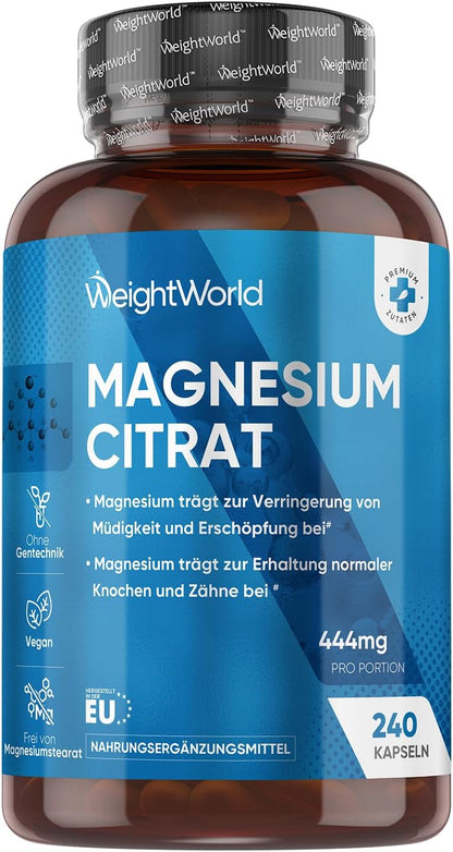 Magnesium Citrate Buffered - 240 Vegan Capsules - 444mg Elemental Magnesium Per Serving - 4 Months Supply - Magnesium Citrate Capsules - Alternative to Tablets or Powder - by WeightWorld