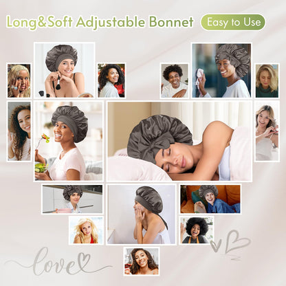 BONNET QUEEN Satin Silk Sleep Cap, Adjustable Women’s/Men’s Bonnet, Night Hair Care Protection Head Cap for Curly, Long Hair, Smooth, Breathable (M, Black)