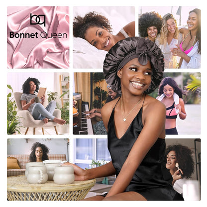 BONNET QUEEN Satin Silk Sleep Cap, Adjustable Women’s/Men’s Bonnet, Night Hair Care Protection Head Cap for Curly, Long Hair, Smooth, Breathable (M, Black)