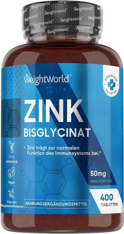 Zink Bisglycinat - 400 Tabletten mit Zinc - Vegan & 1+ Jahr Vorrat - Zink trägt zur Aufrechterhaltung eines normalen Testosteronspiegels im Blut bei (EFSA) - WeightWorld